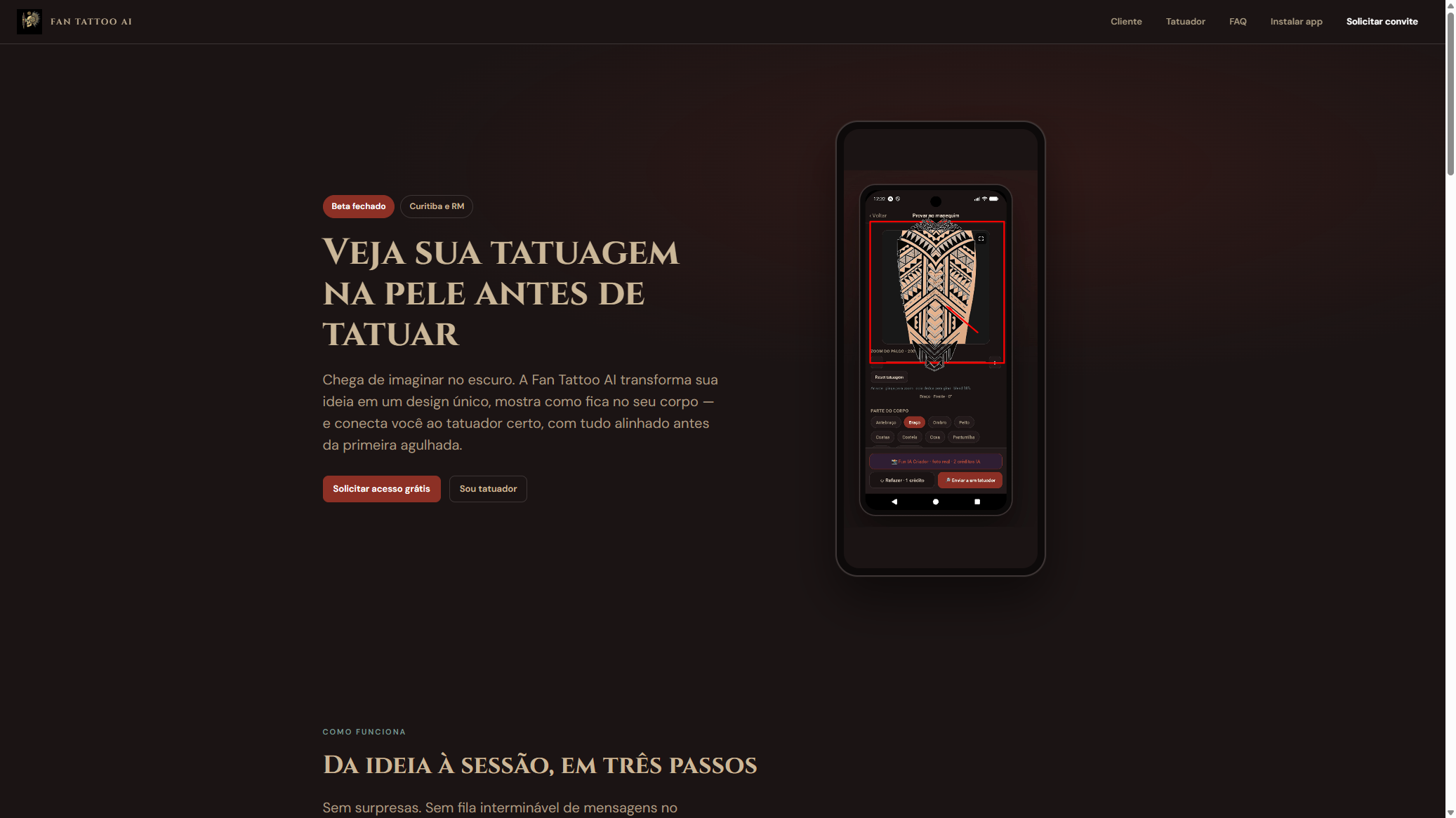 Site ao vivo do Fan Tattoo AI com visualização de tatuagem no corpo via manequim 3D