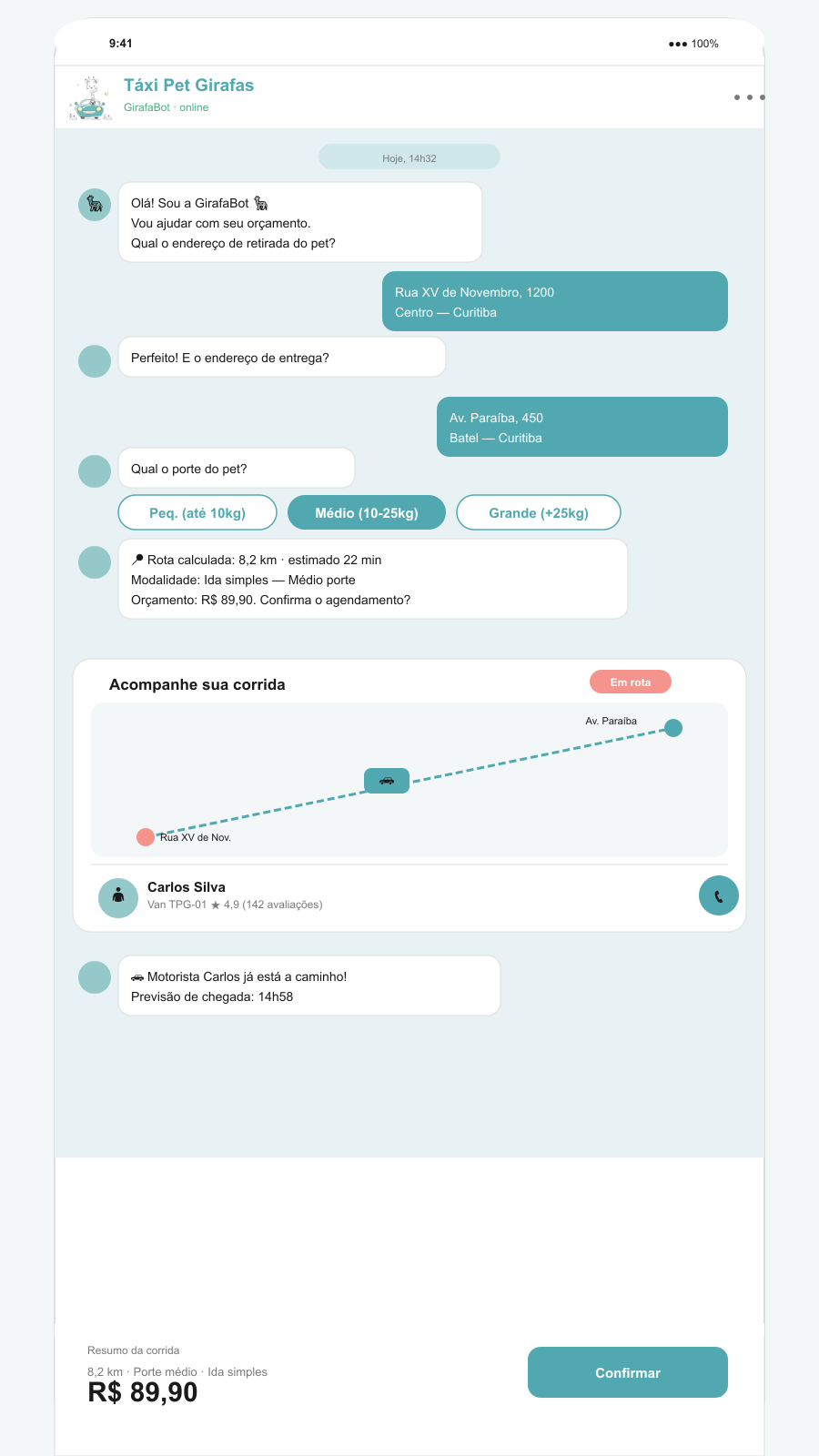 Mockup do fluxo de orçamento e rastreamento via WhatsApp do Táxi Pet Girafas com GirafaBot