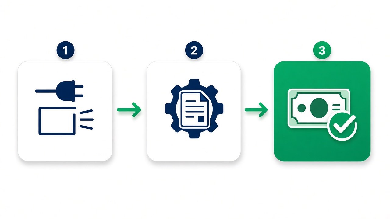 Três passos: conectar canais, conciliação automática, decisão com dados