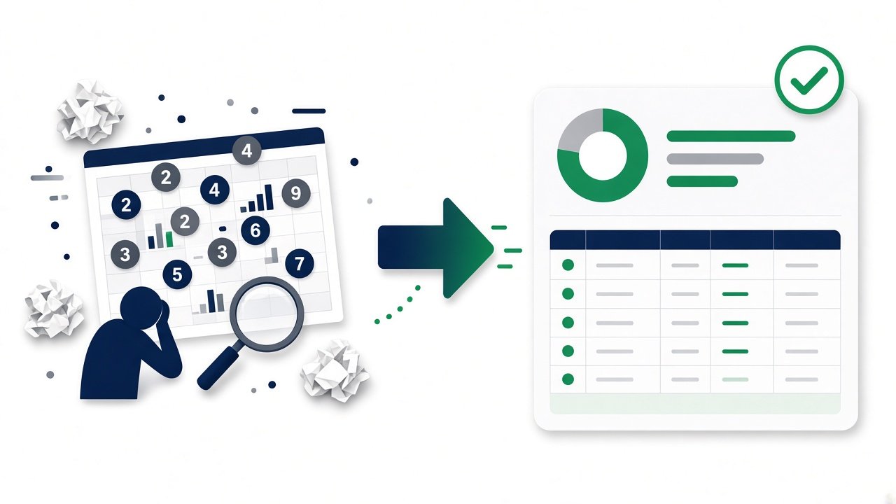 Comparação entre planilha manual desorganizada e painel organizado do Live Cash
