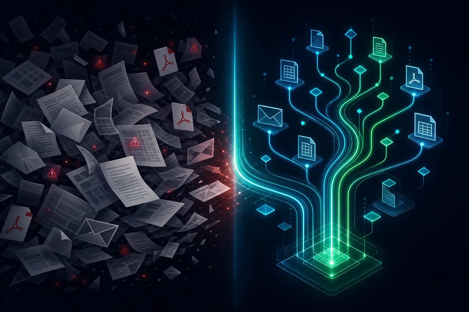 Ilustração mostrando documentos caóticos à esquerda se transformando em um fluxo de dados organizado e luminoso à direita