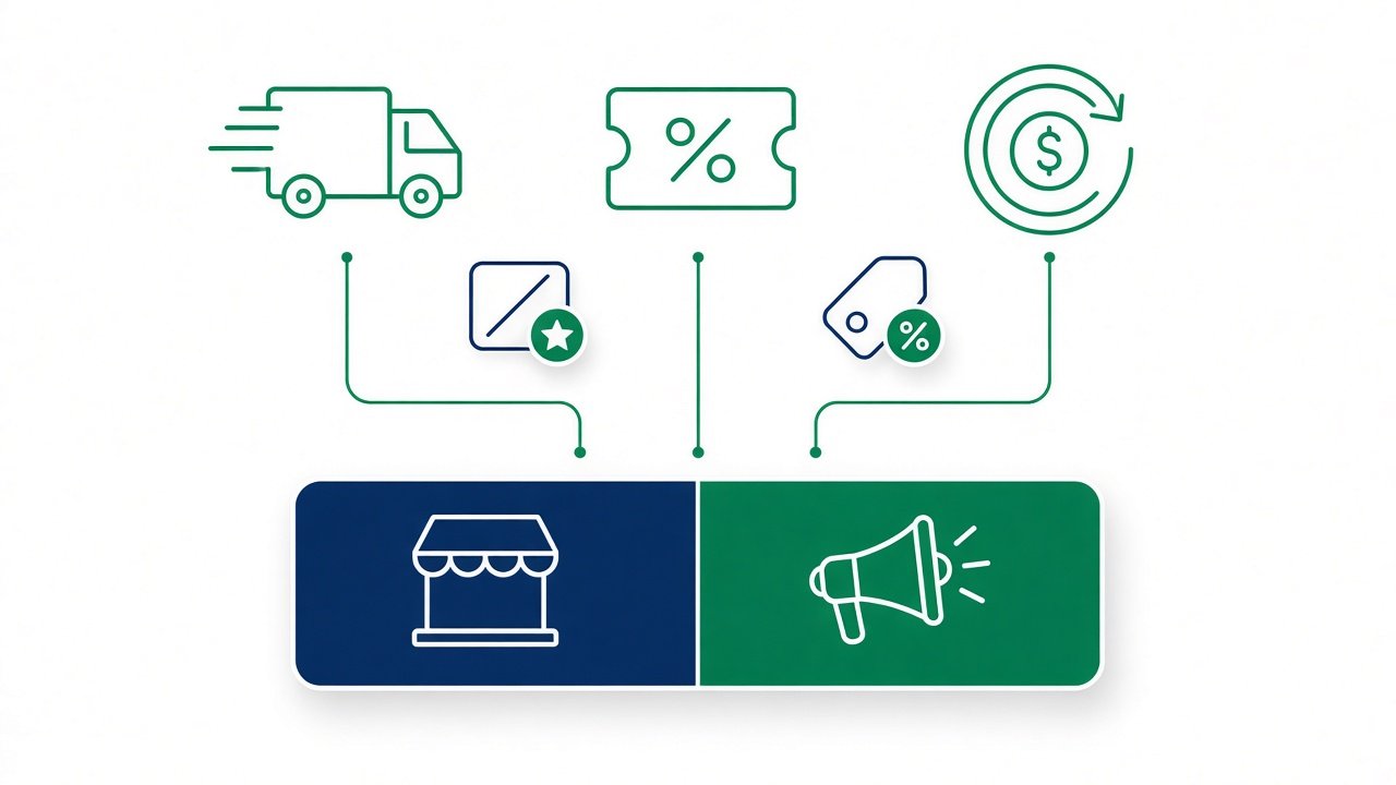 Tipos de promoção de marketplace: frete grátis, cupom e cashback com divisão seller versus canal